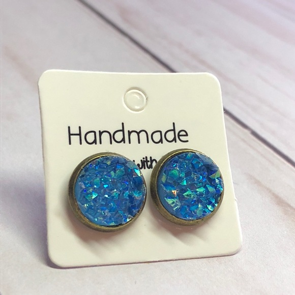 AB Blue Crystal Chunky Druzy Stud Earrings! - Picture 8 of 16
